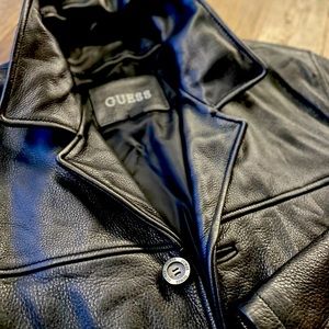 black leather car coat.  4-button jacket with zip out fleece liner. Size large